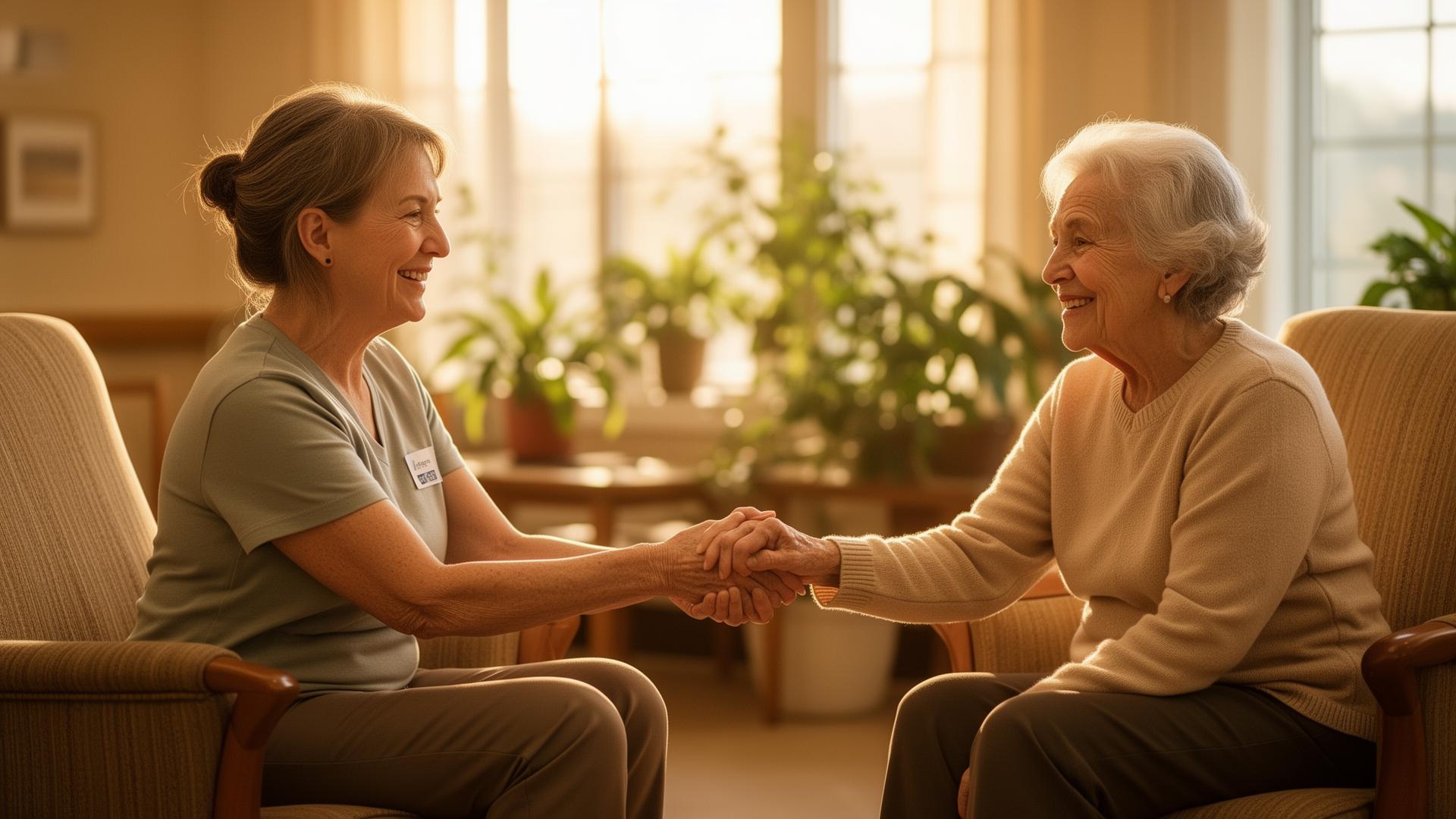 A volunteer ombudsman listening to a long-term care resident